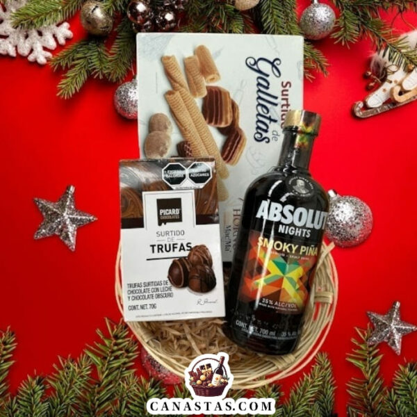 CANASTAS NAVIDEÑAS CON CHOCOLATES Y BOTELLAS